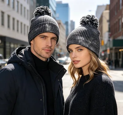 Black Reflective Acrylic Knit Winter Beanie Pompom Fold Brim Breathable/Waterproof Fabric for Travel Outdoor Use-Unisex Adult