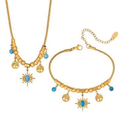 Wholesale stainless steel plated 18k gold bracelet necklace 2-in-1 jewelry set for women fashion turquoise tassel vintage jewelry