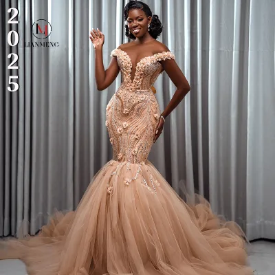 LM J687 Fashionable Sexy Shiny Sequin Flower Lace Mermaid Wedding Dress Beaded Sleeveless Luxury Evening Dress