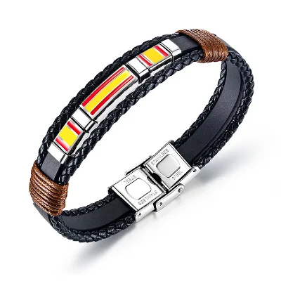 Personalized Jewelry Custom Logo Enamel National Flag Men's Braided Leather Cord Wrap Bracelet