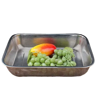 Factory Produce High Quality S/S Vegetable Fruit Basket for Kitchen Drain Punch Square Cleaning Basket