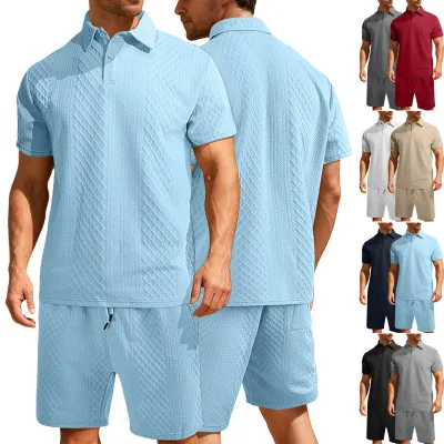 Casual Sports Stretch Textured Men's Shorts Set Plus Size Two Piece Set with Jacquard Polo Shirt and Drawstring Waist Pants