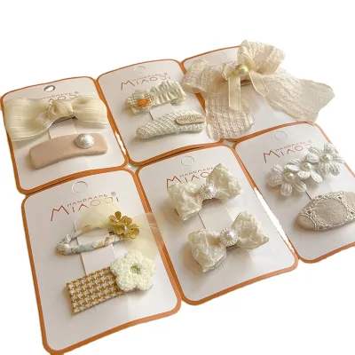 Children Korean Embellished Cute Bow Hair Clip Pearl Embroidery Flower Hairpin Baby Vintage Handmade Head Band
