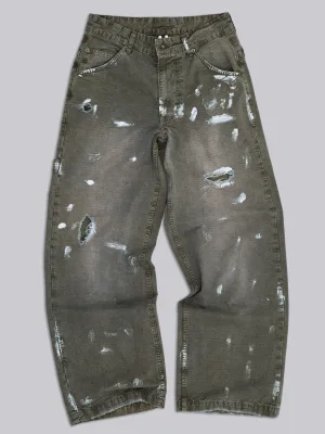 Olive Paint Splatter Carpenter Jeans Mens Wide Leg Heavy Canvas Pants Cinch Back Buckle Hammer Loop Distressed Custom Wholesale