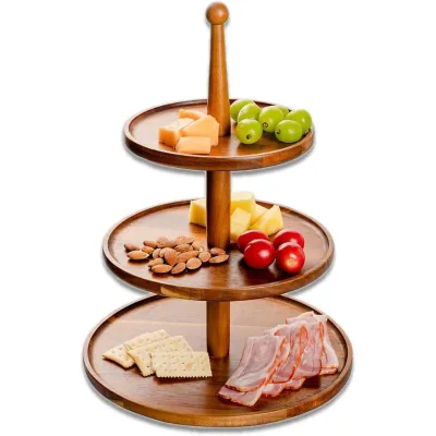 Wholesale Acacia Wood 3-Tiered Dessert Stand Charcuterie Pastry Serving Tray Kitchen Counter Food Organizer Platter for Party