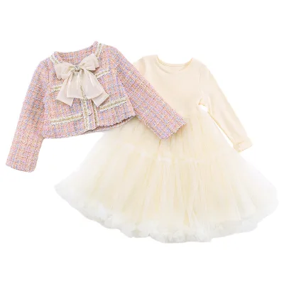 Girls' Little Fragrance Set 2024 Spring Winter New Socialite Coat Gauze Princess Dress Children's Two-piece Set