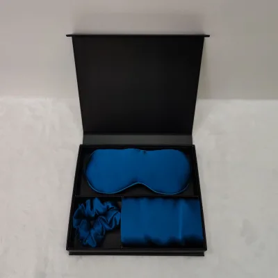 Pure Silk Factory Wholesale 100% Natural Mulberry Silk 19mm Blue Eye Mask Set with Scrunchy and Pillowcase