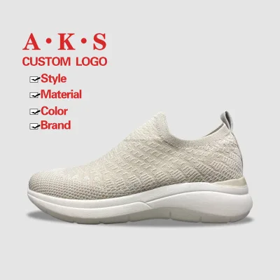 AKS Factory Price Knit Breathable Womens Lady Tennis Shoes Slip on Cushioning Walking Style Shoes Loafers Women