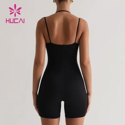 HUCAI Women's Workout Bodysuit Double Halter Neck Spaghetti Straps Jumpsuit With Tummy Control ODM/OEM Shapewear