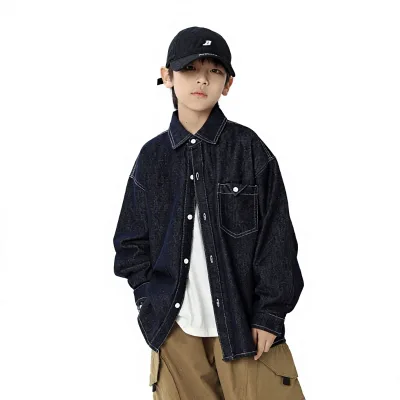 Boys Childrens 2026 Autumn New Arrival Japanese-Style Raw Denim Long Sleeve Turn-down Collar Casual Shirt Trendy