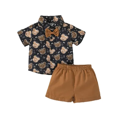 New Style Teddy Bear Print T-Shirt and Shorts Suit Polo Suit and Bow Tie Cartoon Short Sleeve Shirt Suit for Boys