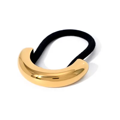 J&D 18K Stainless Steel Waterproof U Shape Black Elastic Glossy Dome Ponying Cuff Hair Accessories for Women