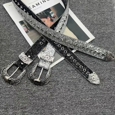 Wholesale Stock High Quality Black Trendy Europe Shinning Bright Silver Punk PU Leather Belt Fashion for Men Women Jeans Gift