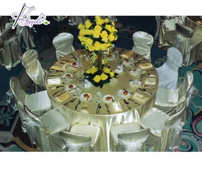 Light Gold Round Satin Table Cloths, Satin Chair Covers, Satin Sashes for Event Decorations