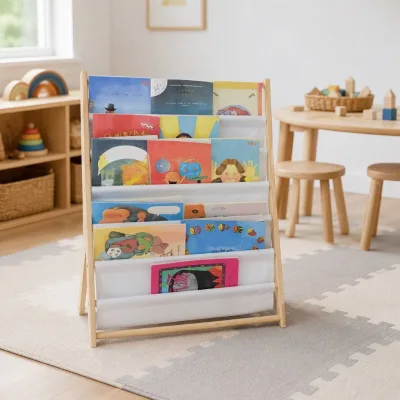 Factory Custom Wholesale Fabric Wooden Kids Book Rack Sling Bookshelf