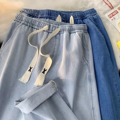 Wholesale Female Denim Pants High Quality Streetwear Elastic Waist Straight Leg Denim Jogger Pants Women