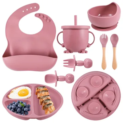 Waker Manufacturers BPA Free Silicone Feeding Set Suction Bowl Divided Plate Bib Sippy Cup Spoon Fork Custom OEM