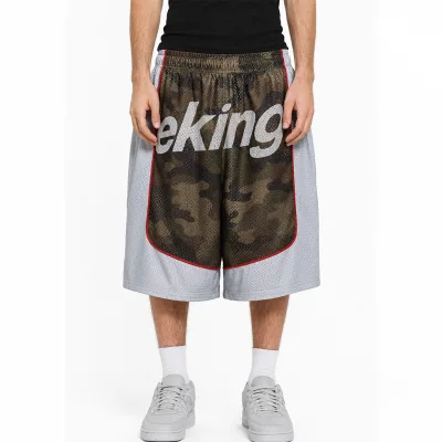Streetwear Manufacturer Mesh Basketball Shorts Custom Full Sublimation Camo Graphic Piped Design Capris Baggy Basketball Shorts