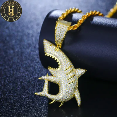 Mens Sparkling D Color Moissanite Diamond Pendant 925 Silver Gold Plated Vvs Round Diamond Shark Charm Pendant