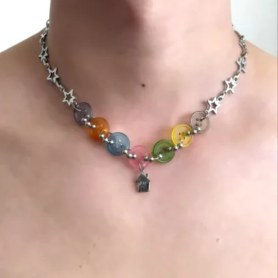 Y2K New Rainbow Transparent Button Jewelry Star Chain Choker Necklace Trendy Colorful Drop Dangle Earrings Cute Necklace Jewelry
