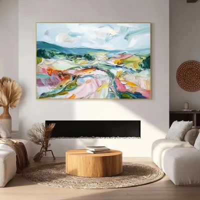 Valley in Bloom Textured Palette Knife Abstract Landscape Painting Neutral Handpainted Hotel Home Wall Decorative Artwork