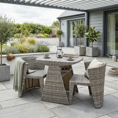 Space-Saving All-In-One Woven Rattan Patio Dining Combo Compact 2-Seat Balcony Conversation Furniture