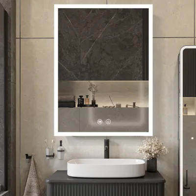 Front-lit Square High Quality Steel Mirror Cabinet with Defogger Supporting Wall-Mounted and Recessed-Mounted