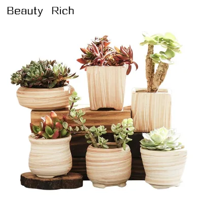 Ceramic Succulent Plant Pot, Wooden Pattern Succulent Planter Container Bonsai Cactus Pots