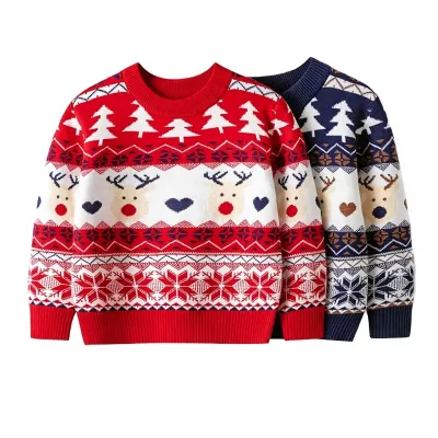 Kids Christmas Knit Pullover Reindeer Snowflake Jacquard Sweater Boys Girls Holiday Crew Neck Long Sleeve OEM Wholesale