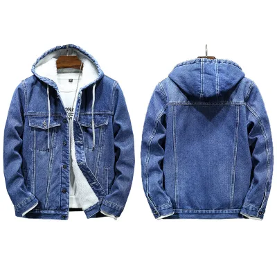 Fitspi New Arrival Thick Warm Men's Jacket Winter Faux Cashmere Hooded Fleece Lined Denim Coat for Young Men