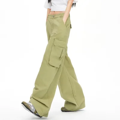 Women's Spring Summer New Arrival American Style Lemon Colored High Waist Multi Pocket Loose Casual Clothes Wholesale Pants