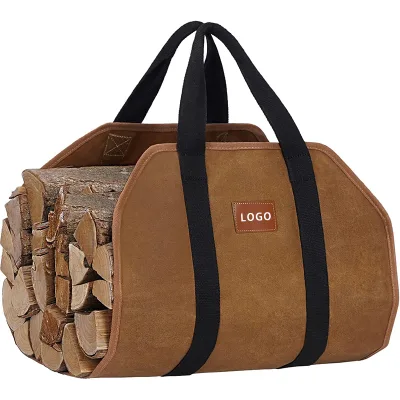 Custom New Design Waxed Canvas Log Carrier Bag Durable Firewood Tote Bag