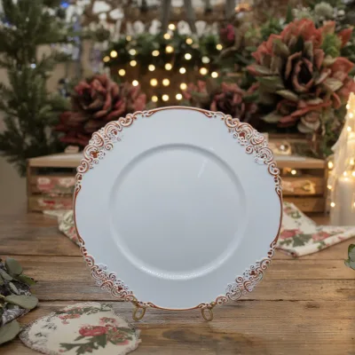 Vintage 13-Inch White Plastic Charging Plate with Plant Pattern for Wedding Catering Brown Red Lace Dessert Decoration