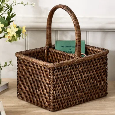 Wholesale Natural Rattan Double Storage Basket, Rectangle Wicker Basket With Handles, Hand Woven Rattan Basket