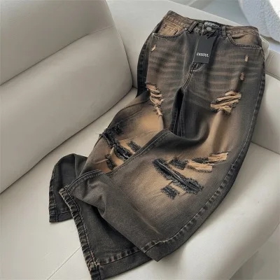 ES High-End Customized Men's Street Retro Casual Acid Wash Breathable 100% Cotton High Waist Heavyweight Loose-Fit Baggy Style
