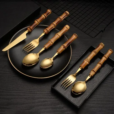 Yuefu Eco Dark Natural Real Bamboo Handle Gold Cutlery Set Stainless Steel 304 Flatware