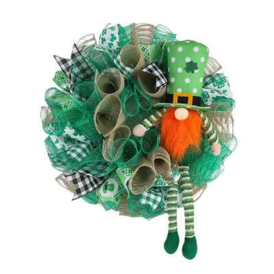 New St. Patrick's Wreath Irish Clover Long-legged Doll Door Hanging Festival Decoration Props Round Fabric Easy Storage