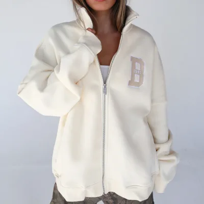 Custom Designed Breathable Varsity Style Park Mockneck Sweatshirt Casual Terry Fabric Front Embroidered Patch Letters for Women