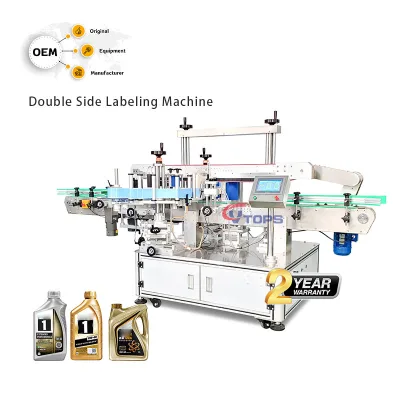High Accuracy Automatic Lubricating Oil Flat Bottle Double Side Stick Labeling Machine