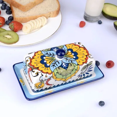 Hand Drawn Ceramic Butter Dish With Lid Farmhouse Butter Plate Tray With Cover Vintage Colored Decorative Country Style Home