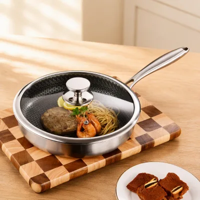 Modern Stainless Steel Steak Frying Pan Scratch Resistant Hybrid Surface for Gas Induction Electric and Ceramic Cooktops
