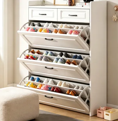 Factory Direct White Flip Drawer Shoe Cabinet with Top Storage Drawers Capacity Organizer Home Entrance Corridor Use