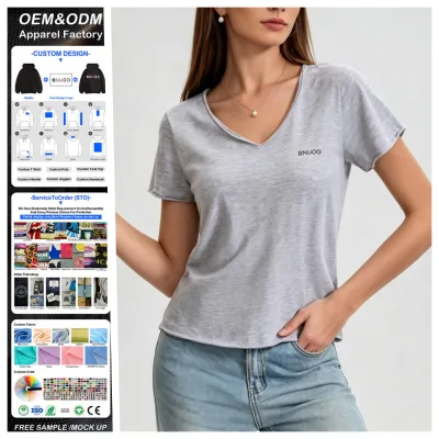 Wholesale Womens 100% Cotton T Shirts V-neck Short Sleeve Raw Hem Summer Loose Fit Tees Fashion Casual Sports Tshirts for Women