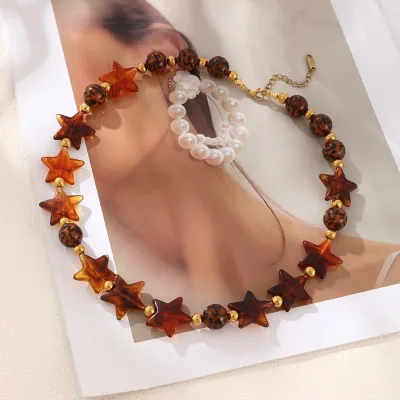 Asu Boho Amber Star Beaded Necklace with Leopard Print Beads, Vintage Brown Acrylic Statement Choker