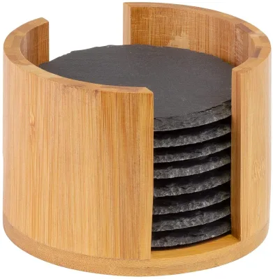 8 Natural Slate Glass Coasters in Bamboo Holder, Round With Scratch protection Westmark Tapas