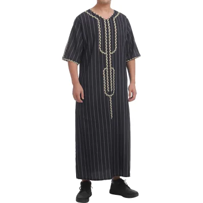 XXL Men's Short Sleeve Islamic Arabic Abaya Embroidered Saudi Arabian Prayer Dress Middle Eastern Style Traditional Muslim