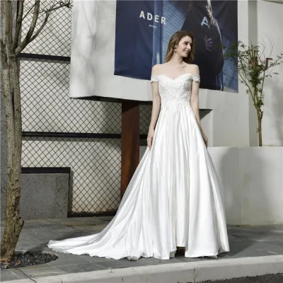 Satin Lace Ball Gown Bridal Dress Arabic Bridal Muslim Wedding Dress Long Beaded Bridal Princess Dress