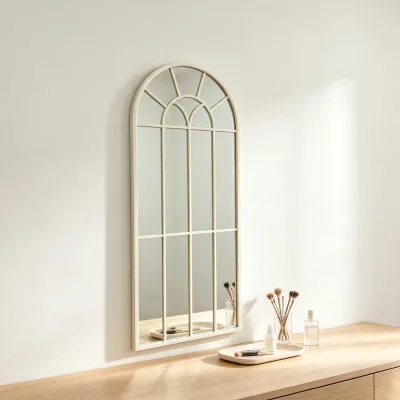 White Arched Window Pane Wall Mirror Iron Metal Frame Wall Mounted Farmhouse Decorative Arch Mirror for Bathroom Entryway
