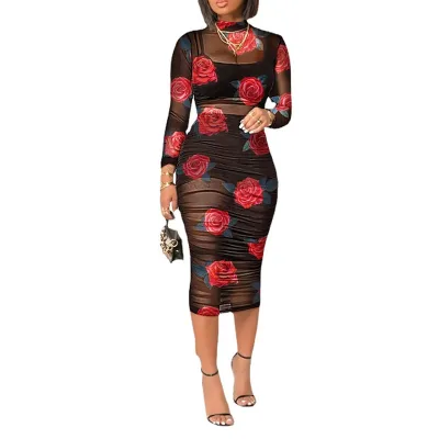 RNSHANGER Summer Women 3PCS Crop Top & Shorts Set With Tropical Print Sheer Mesh Bodycon Dress Sexy Lady Three Piece Dress
