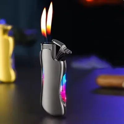New Double Flame Lighter with Visible Gas Window and Colored Lights, Cycle to Add Gas High-value Lighter